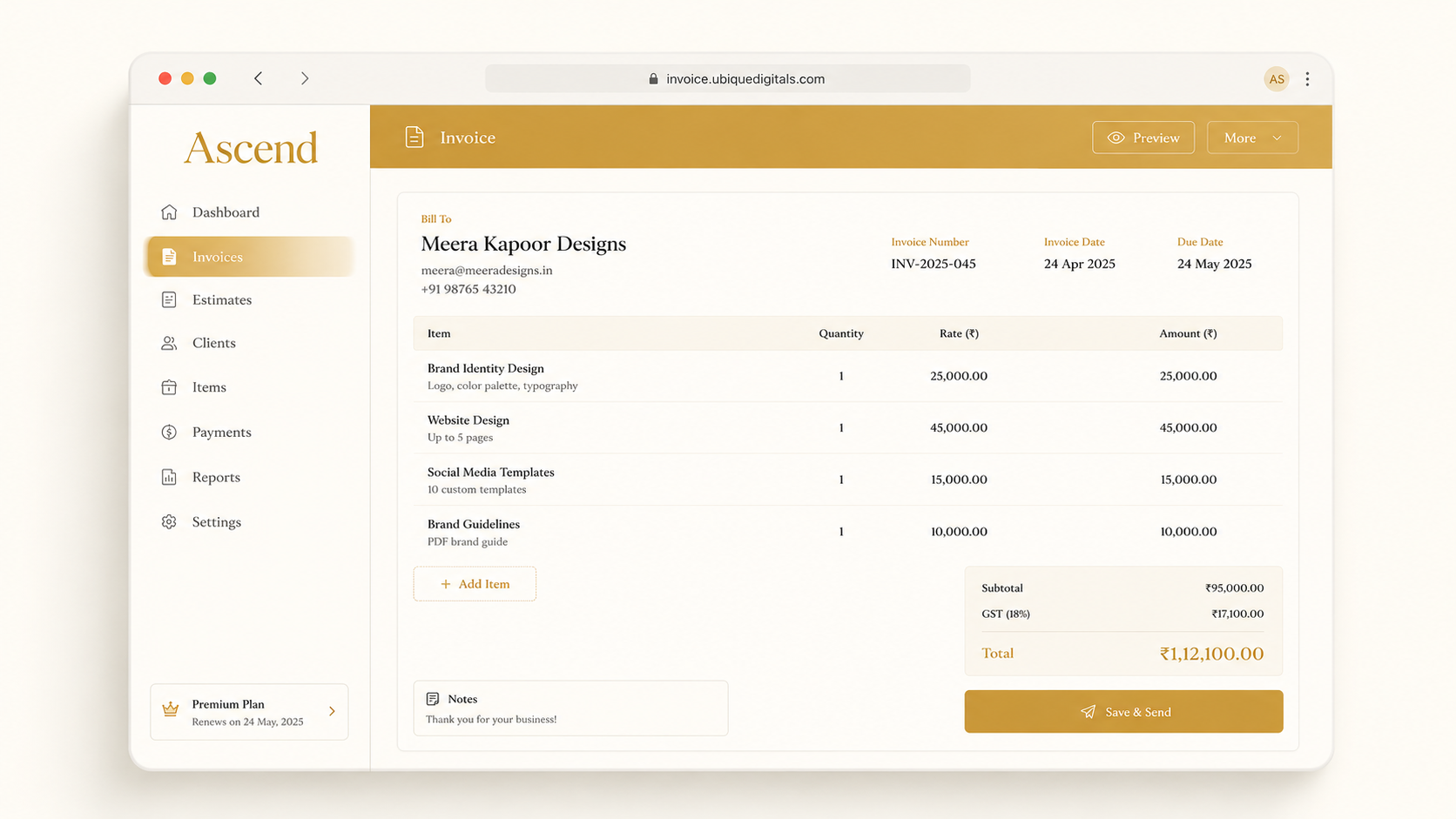 Ascend invoice preview with GST tax breakdown for Meera Kapoor Designs