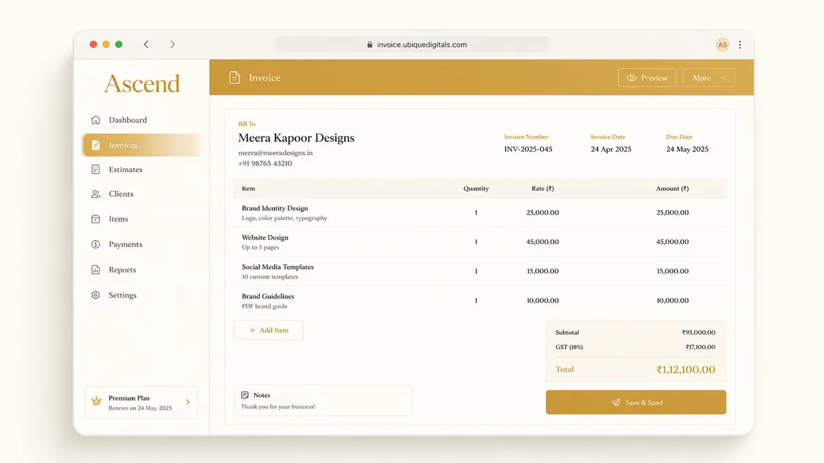 Ascend invoice preview with GST tax breakdown for Meera Kapoor Designs